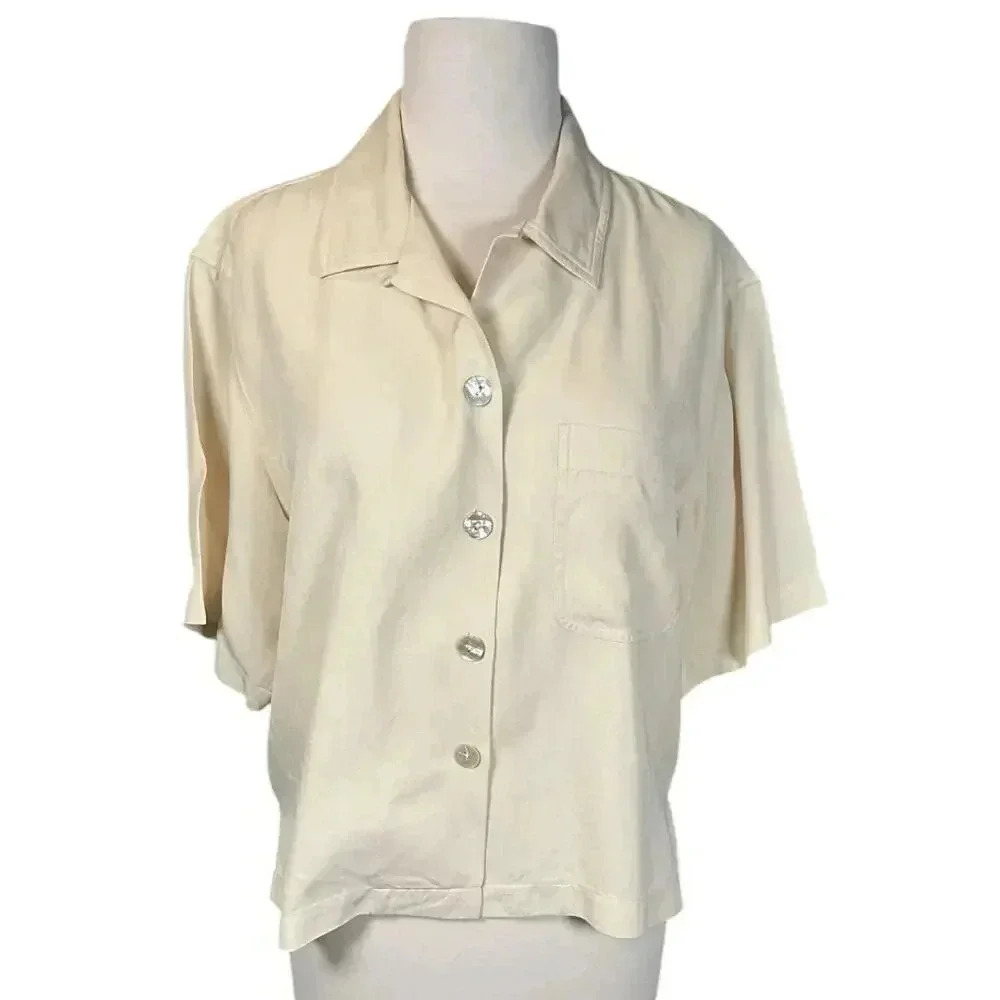 Tommy Bahama Women's 100% Silk Blouse Size Medium Light Tan Short Sleeve